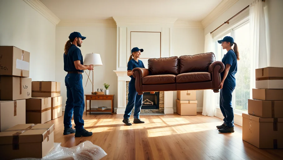 Movers Carrying A Couch Next To Boxes